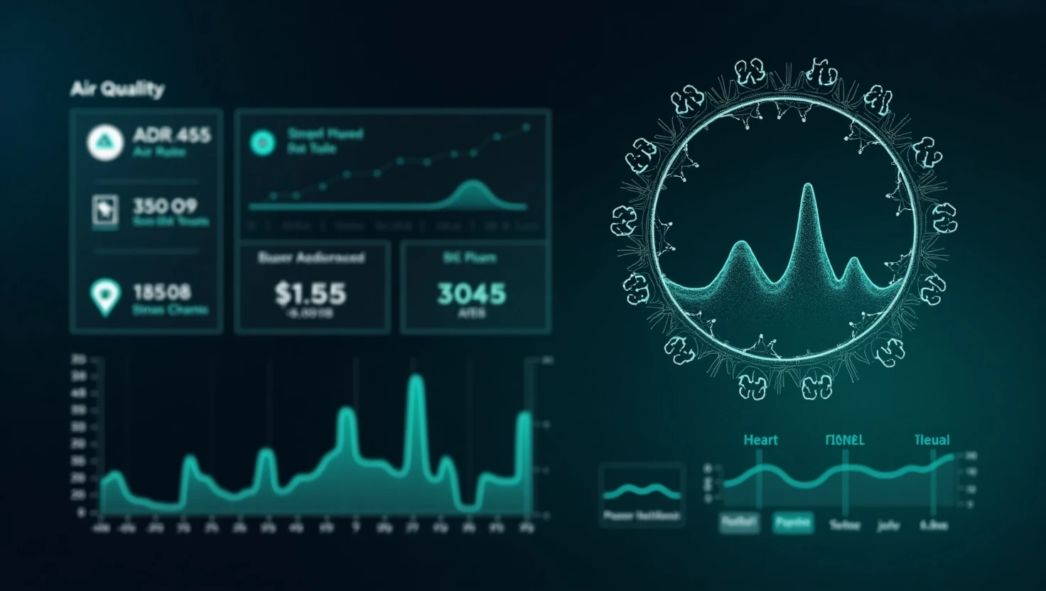 Smart health dashboard with real-time data from iofbodies.com Applications showing air quality and wellness metrics