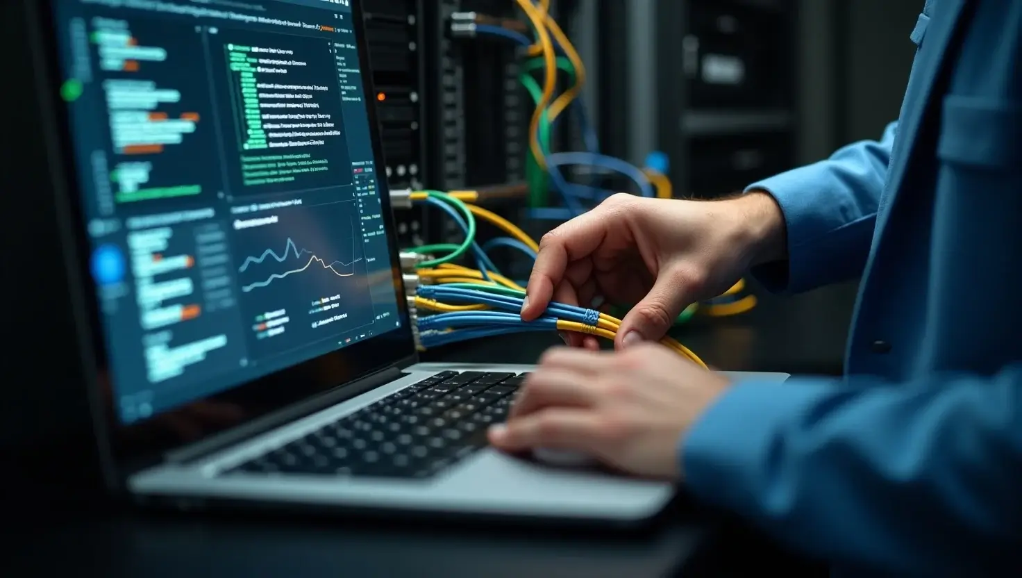 Network technician diagnosing the Jacksonville Computer Network Issue using cybersecurity tools