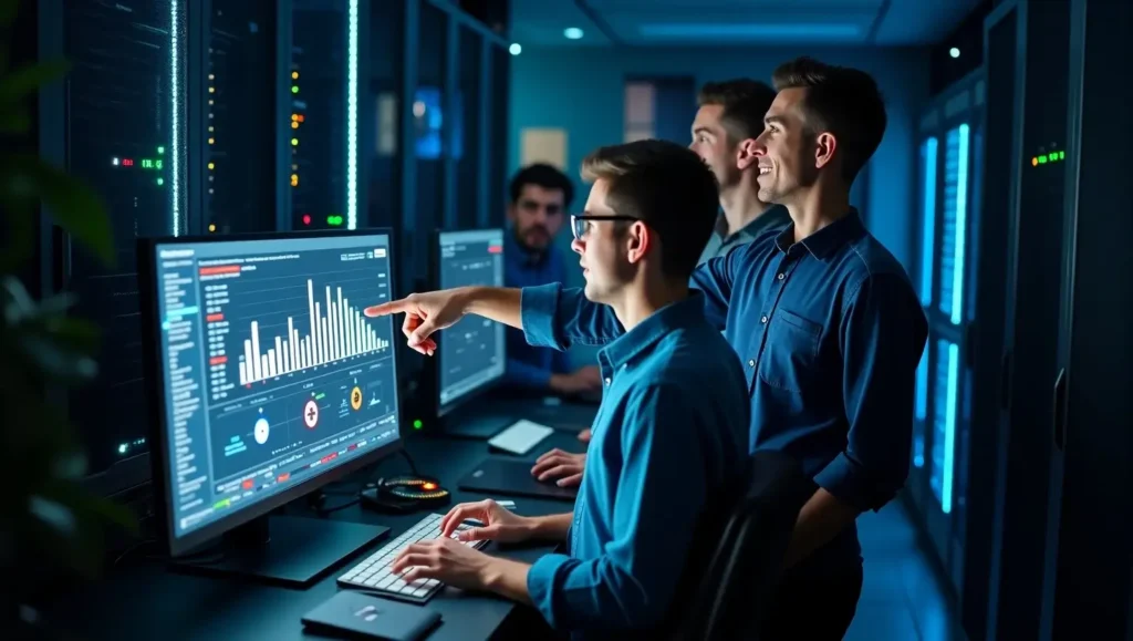IT team troubleshooting the Jacksonville Computer Network Issue in a server room
