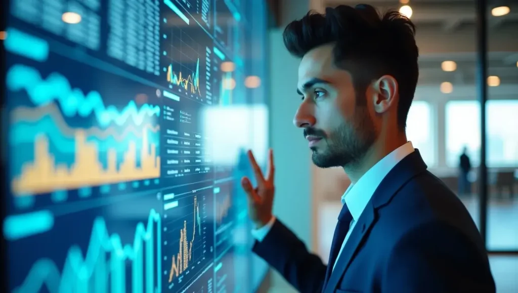 Business analyst reviewing digital dashboards with market trends and data charts on transparent screen in modern office.