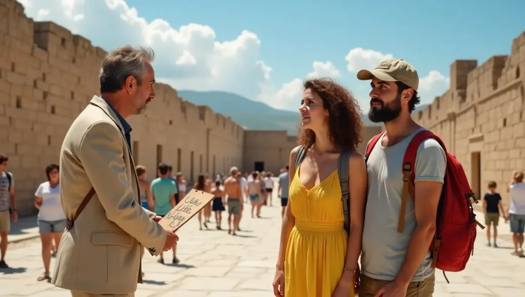 Frustrated tourists with an unreliable tour guide after the traveler hired the wrong tour guide