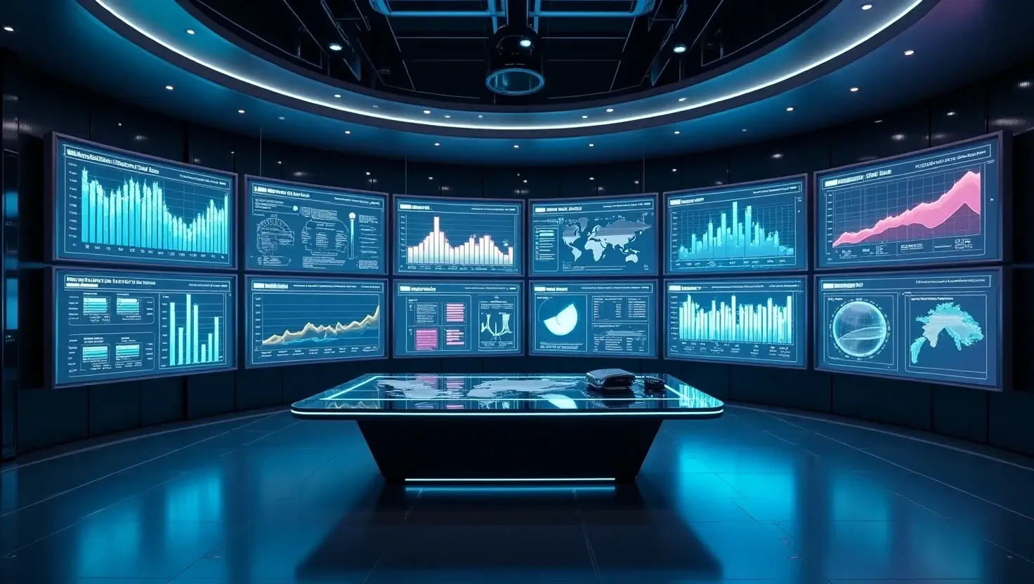 Futuristic AI-powered interface showing historical business data and competitive intelligence on transparent monitors.